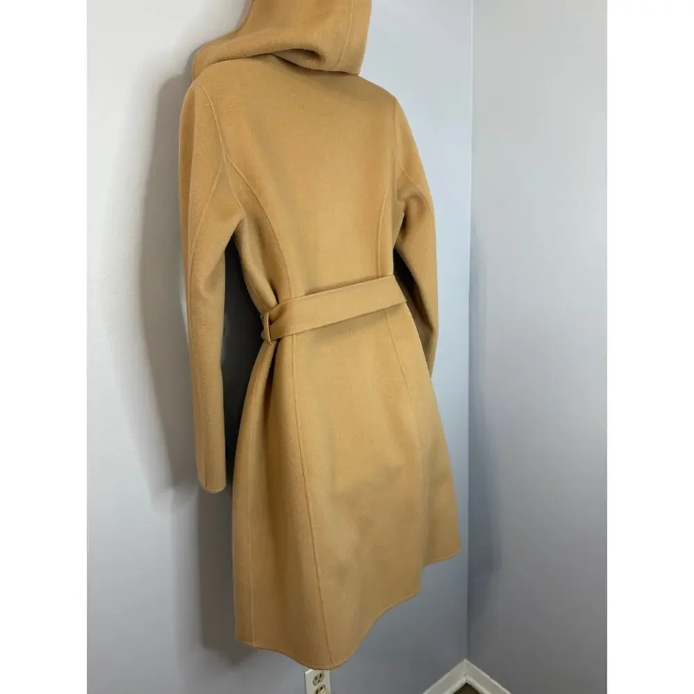 Theory Wilrose New Divide Wool Cashmere Wool Hooded Belted Wrap Coat Tan Sz S - Picture 11 of 14